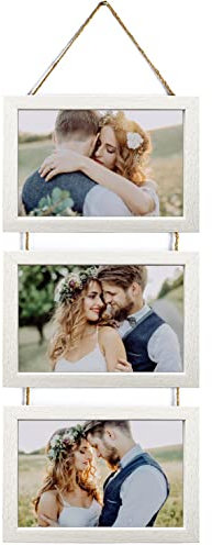 Ichigo Ichie Portafotos Múltiple Decorativo, Marcos de Fotos de Madera con Cuerda para Colgar en la Pared para 3 Fotos de 10x15cm, Blanco