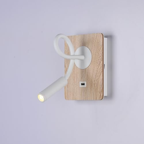 B·LED BARCELONA LED Wandleuchte aus Holz mit Schalter und Strahler, weiß, flexibel, warmweißes Licht, USB-Ladeanschluss zum Lesen, Bett, Nachttisch, Hotel
