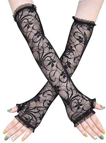 COSFAN Lange Spitzenhandschuhe, UV-Schutz-Handschuhe für Frauen, fingerlose Opernhandschuhe, ellbogenlange Handschuhe für Brautpaartanz