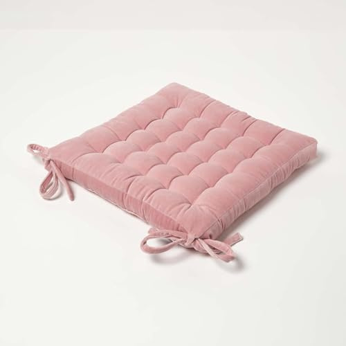 Homescapes Sitzkissen Samt rosa – Stuhlkissen 40x40 mit Bändern, Sitzauflage Baumwollsamt, bequem, weich & Oeko-TEX-Zertifiziert