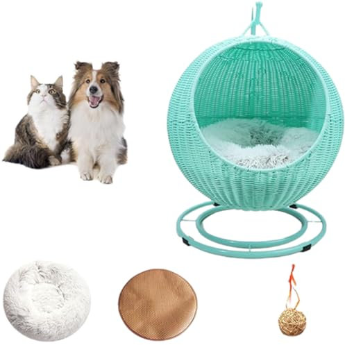 Haustierbett,Katzenbett aus Korbgeflecht für drinnen und draußen,handgefertigtes Katzenschaukelbett mit abnehmbarem Kissen und hängendem Ball,waschbare für Katzen und kleine bis mittelgroße Hunde
