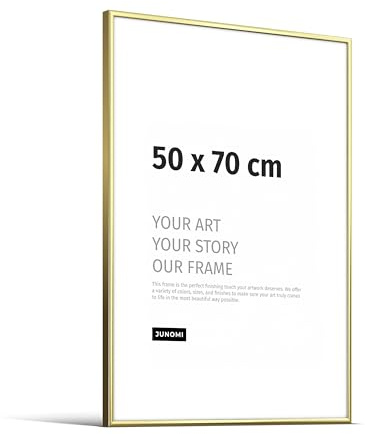JUNOMI® Bilderrahmen 50x70 cm, Aluminium Gold glänzend, Posterrahmen | Moderner schmaler Rahmen aus Aluminium mit bruchsicherem Acrylglas, Hoch- und Querformat, für Fotos, Poster und Kunstdrucke