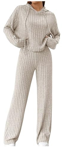 AMhomely 2-teiliges Lounge-Set für Damen, weites Bein, Hose, Anzüge, gerippt, gestrickt, Trainingsanzug, Hoodies mit Jogger, lässige Outfits, Co-Ord-Sets, Kordelzug, lockere Passform, Sportbekleidung,