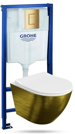 LAVITA Vorwandelement Solido + Wand Hänge WC Sofi Slim Brushed Gold Spülrandlos + WC Sitz mit Absenkautomatik Goldener Knopf Komplettset Unterputz Spülkasten Toilette Komplett Sett WC