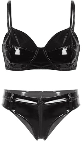 Oyolan Damen Lack Leder Bügel BH Push Up Bra Mini Tanga Erotische Dessous Set Bikini Hose Lingerie Clubwear