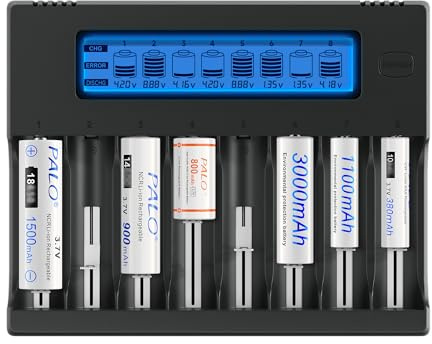 18650 batteriladdare – 8 fack LCD laddare universell med urladdningsfunktion för 3,7 V Li-Ion 18650 26650 16340(RCR123) 21700 14500 17500 18500 CR123A och 1,2 V AA/AAA uppladdningsbara batterier