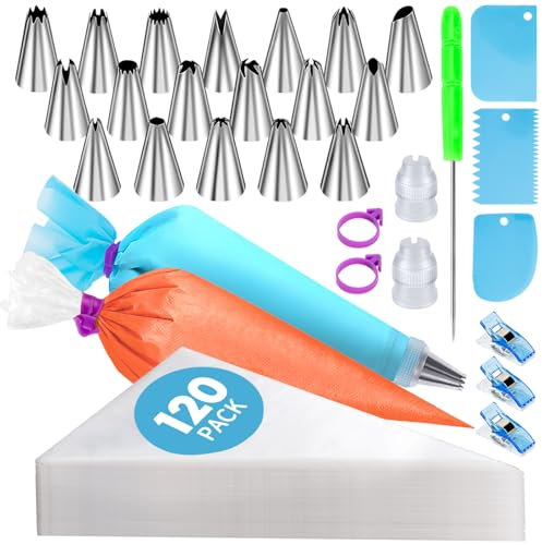 130 Pcs Piping Bags and Tips Set, Cakes Decorating Kit Supplies with 100 Pcs 12 Inch Piping Bags, 1 Reusable Pastry Bags, 18 Tips, 2 Couplers, 2 Bags Ties, 3 Clips, 1 Scriber Needle, 3 Cake Scraper