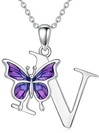 LONAGO Initialen N Halskette für Damen 925 Sterling Silber Lila Schmetterling mit A-Z 26 Buchstaben Anhänger Halskette für Abschlussgeschenke
