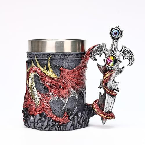 HUAPOPMU Medieval Dragon Cross Sword Series Tasse Résine peinte à la main Acier inoxydable Insert Décoration de meubles créatifs pour amis (BM034-rouge)