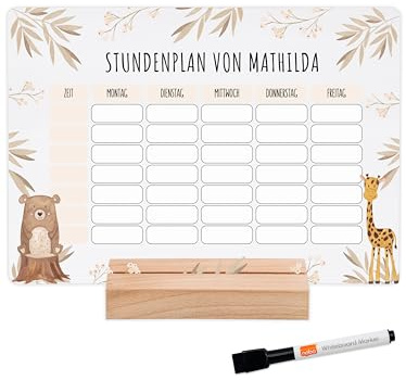 wunderwunsch® - Personalisierbarer & Abwaschbarer Stundenplan aus Acryl + Stift und Holzhalter - Einschulung Geschenk, Schultüte zum Schulanfang oder Grundschule (Boho Bär Giraffe,ohne Holzhalter)