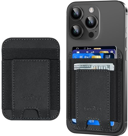 ExtreLife Phone Card Holder, Leather Wallet Stick On, Strongest Adhesive, RFID Blocking, Fit 7 Cards, Black