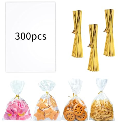 300 PCS Clear Flat Cellophane Treat Bags, 4 x 6 Inch Small Sweet Bags | Bring 350 Zip Ties, For Packaging Mugs, Bakery Candy Cookie, Party Favors and Gift Wrapping