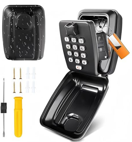 Schlüsselbox, Schlüsseltresor Schlüsselschrank Wasserdichte und Sicherheits Schlüssel Tresor Schlüsseltresor mit Zahlencode 12 Stellig für Zuhause, Garage, Büro Schule Schlüsselsafe Aussen (schwarz)