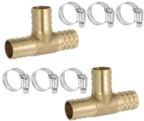 PATIKIL 3/4 Brass Tee Hose Barb Fitting,2 Pcs 3 Ways Union Intersection T Shape Barbed Split with Clamps for Air Water Fuel Gas Liquid, Golden