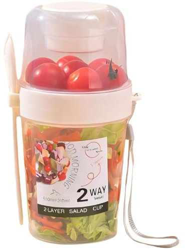 Larfraecy 2 en 1 Gobelets à Céréales à emporter Double Overnight Oats Jar Coupe de yaourt,Pot yaourt avec cuillère,Bol Muesli a Emporter Pour les céréales,le lait,les salades,petits déjeuners (Blanc)