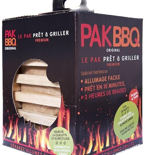 PAK BBQ Briquettes de Charbon Prêtes à Griller 100% Coques de Noisettes Recyclées, Kit Barbecue, Système d’Allumage Intégré, Facile à Allumer en 10 Minutes, 3h de Combustion (2 KG)