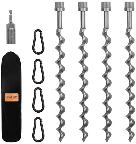 11.5 Ground Anchors Screw-in, 4-Pack Heavy Duty Tent Stakes with Carabiners and Power Nut Driver Drill Bit, Steel Earth Anchors for Camping Tents, Swing Sets, Securing Animals, Sheds and Trampolines