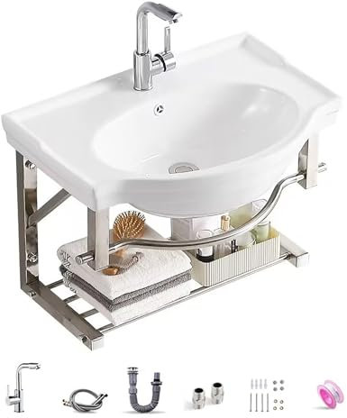 Lavandino e Rubinetto per il Bagno, Mini Lavabo da Appoggio in Ceramica a Parete con Troppopieno, Lavabo Bianco con Ripiano(70x40x45cm)