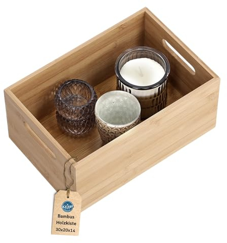 Holzkiste Bambus Ordnungsboxen Holz Kiste Aufbewahrungsbox robuste Organizer Holzkisten stapelbar verschiedene Größen & HLKauf-Block (Bambusbox-30x20x14 & HLKauf-Block)