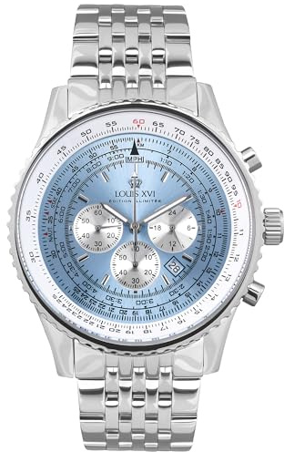 LOUIS XVI Artagnan 3421 - Ø 47.5 mm - Herren Uhr - Chronograph - Wasserdicht - Uhr mit Saphirglas - Armband Silber - Zifferblatt Hellblau