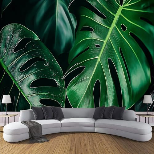 Grüne Monstera Fototapete - 3D-Pflanzen - Größe 350x256cm (Breite x Höhe) Wandtapete Tapete, Wandbild Wandtattoo Dekoration - Tapete, Kinderzimmer, Kindertapete