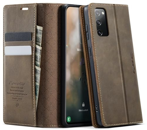 CaseMe für Samsung Galaxy S20 FE Hülle, Magnet Leder Klapphülle RFID Schutz | Retro PU Leder, 2 Kartenfach, Standfunktion, Stoßfest, Flip Case, Handyhülle für Galaxy S20 FE 6,5'', Braun