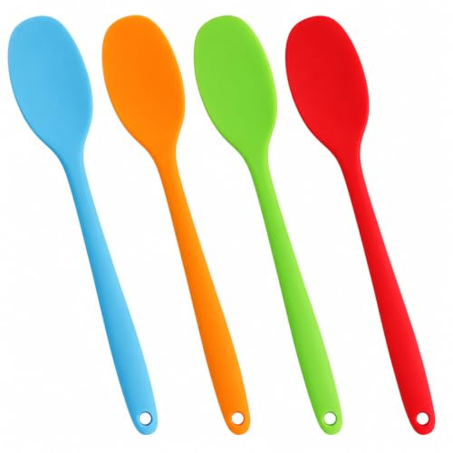4 cucharas de silicona coloridas, cucharas para hornear, cucharas mezcladoras de silicona, resistentes al calor, utensilios de cocina de silicona, diseño de una pieza, cuchara de silicona para cocina