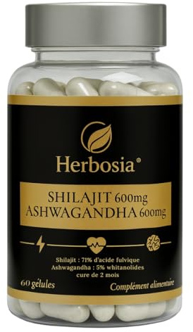 HERBOSIA Shilajit & Ashwagandha 600 mg + 600 mg, Shilajit Pure Himalayan Primal, 71% Acide Fulvique, 5% Withanolides, Vitalité & Résistance au Stress, Homme & Femme, 60 Gélules