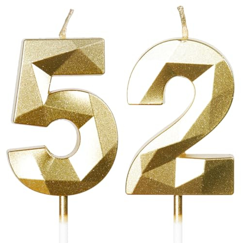 Yiran Velas de Cumpleaños 52 Años Dorado, Decoraciones para Hombres y Mujeres, Número 523D para Tarta, Topper de Vela Dorado, Suministros para Fiestas, Bodas y Aniversarios