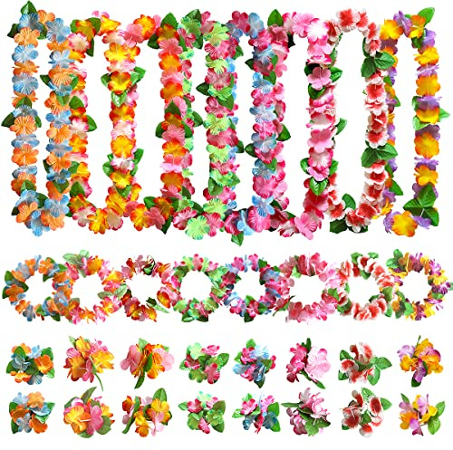 64 piezas decoración de fiesta hawaiana Leis, collar de flores hawaianas, pulseras de flores, diadema, para fiesta tropical hawaiana, fiesta en la playa, bar nocturno hawaiano, vacaciones en la playa