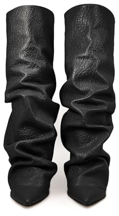 Stivali Donna Alti Ginocchio Punta Tacco Spesso Moda Casual Eleganti Autunno Inverno Comodi Morbidi Avvolgente Pieghettato Avvolgenti Lavorazione Pregiata