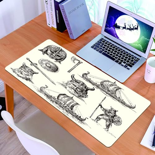 KDWJS Gaming Mauspad XXL 90x40cm Mousepad Groß Vernähte Kanten Anti-Rutsch für PC,Nordisches Porträt, Spalten komplexer Zeichnungen, die Wikingerhelme,Laptop Verbessert Präzision und Geschwindigkeit