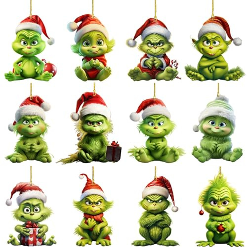 12 Stück Grinch Weihnachtsdeko Anhänger,Grinch Deko Weihnachten,Weihnachten Deko,mit Elastischer Kordel 2D Acryl Anhänger,Weihnachtsbaumschmuck für Partydekoration Geschenke,Weihnachtsanhänger