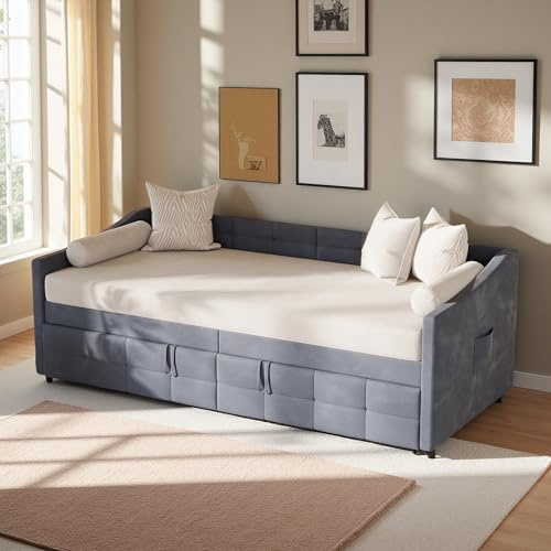 KeepGoon Schlafsofa, ausziehbar, 90 x 200 cm, Einzelbett mit ausziehbarem Lattenrost, Gästebett, Flanellstoff, Seitentaschen, keine Matratze, grau