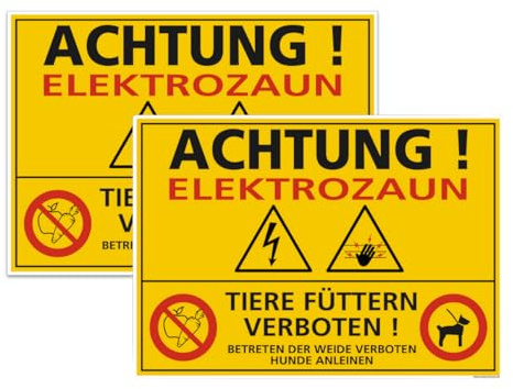 Signalétique.biz France - Set mit 2 - Achtung Elektrozaun Schild aus PVC – Tier füttern verboten | Warnschild Gelb/Schwarz mit Piktogrammen | 210x300 mm