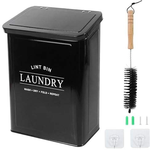DreamsEden Laundry Lint Bin with Brush, Magnetic Wall Mount Container, 7 x 10 inch Steel Lint Collector 3.5L Storage Holder Organizer for Dryer Sheets Wool Balls Laundry Pods (Black)