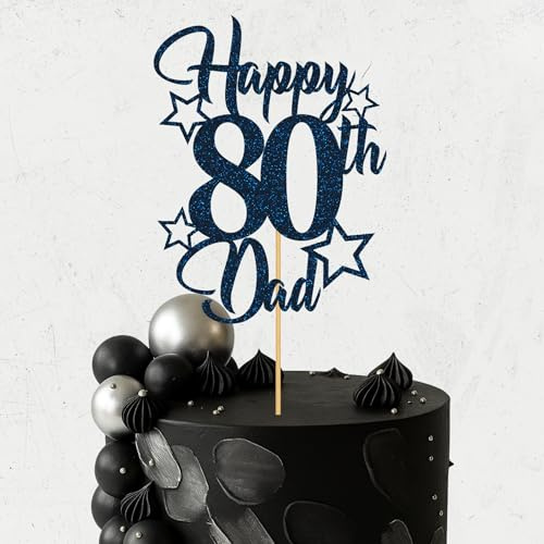 Glitter Birthday Cake Topper for Dad with stars, Birthday Cake Topper, Party Decorations, Party Supplies, 40, 50, 60, 70,80, 90 Many colours (80th, Navy blue (15cm))