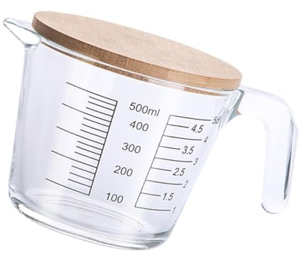 Sewroro Jarra Medidora Práctica de Vidrio Resistente al Calor 500 Ml con Tapa de Madera, Vaso Graduado para Cocina y Horneado, Taza Medidora con Escala para Líquidos y Repostería