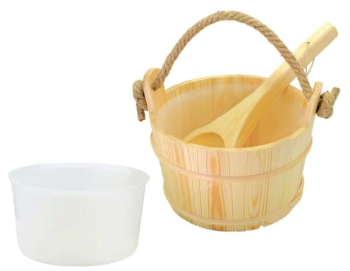 EasyByMall Juego de cubo y cucharón de madera de abeto para sauna con forro de plástico, capacidad de 6 L, mango de cuerda, para saunas domésticas y comerciales