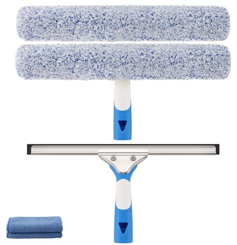 Mitclear Window Cleaner Tool, Silicone Squeegee & Microfiber Scrubber, 14IN | Professional Window Cleaning Kit, Home Washing Equipment for Shower Glass Mirror Door Car, Indoor/Outdoor