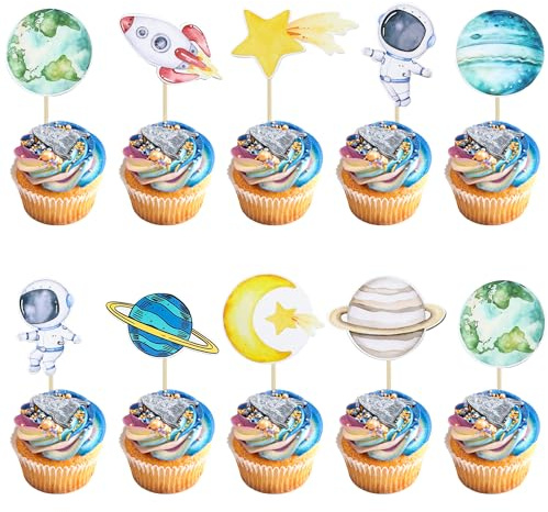 Tazuxetuqe 36 piezas adornos para cupcakes de astronautas espaciales, planetas, cohetes, naves espaciales, viaje a la luna, estrellas, palillos para cupcakes, universo, temática espacial, accesorios