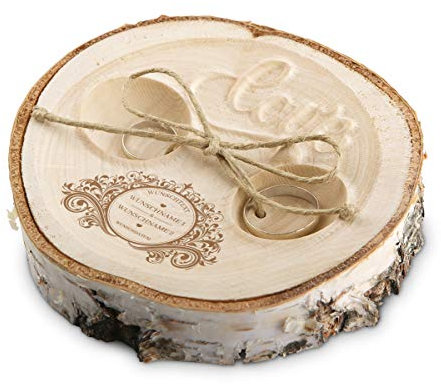 Kartenmachen.de Personalisiertes Hochzeit Ringkissen Love Birkenscheibe Inkl. Namen ins Holz eingebrannt Gravur individuell ca. 11 cm Durchmesser - Vintage Motiv