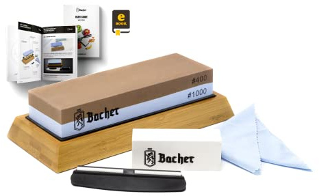 Bacher Schleifstein 400/1000 - Winkelführung, Wetzstein-Set Messer | Körnung nach JIS R6001 | doppelseitig zum Messer schärfen | Beile, Gartenscheren, Werkzeug | weißer Korund | eBook