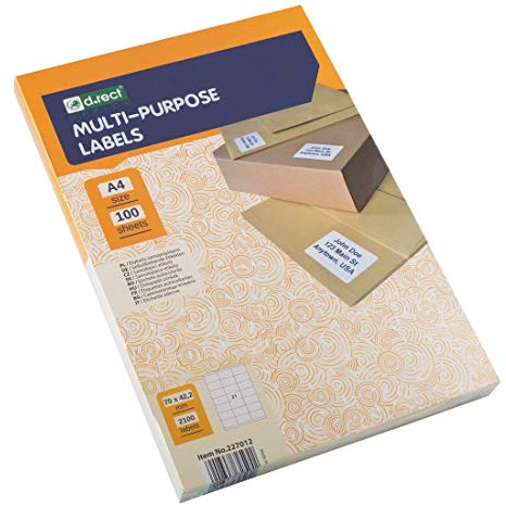 D.RECT - Universaletiketten (70x42.2mm auf DIN A4) | Selbstklebendes Druckerpapier | Klebeetiketten Zum Bedrucken | Aufkleber Bedruckbar |100 Blatt/Packung 21 Etiketten/Blatt 2100 Stücke | Weiß