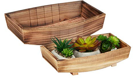 Relaxdays Dekoschale, 2 Stück, geflammtes Holz, Gartendeko zum Bepflanzen, Vintage Design, eckiges Pflanzengefäß, Natur