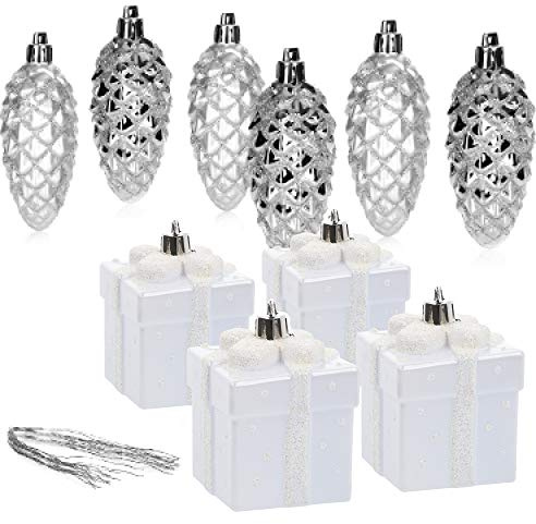 com-four® 10x Christbaumanhänger-Set Tannenbaum-Zapfen und Geschenke | weiß bruchfest - Christbaumschmuck für die Weihnachtsbaum-Dekoration