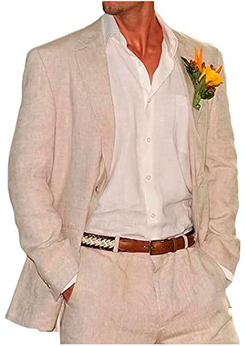 Botong 2 Stück Leinen-Hochzeitsanzüge für Herren, Spitzen-Revers, Abschlussballanzug, normale Passform, Bräutigam, Smoking, Sommer, Strandanzug, Freizeitkleidung, beige, 48