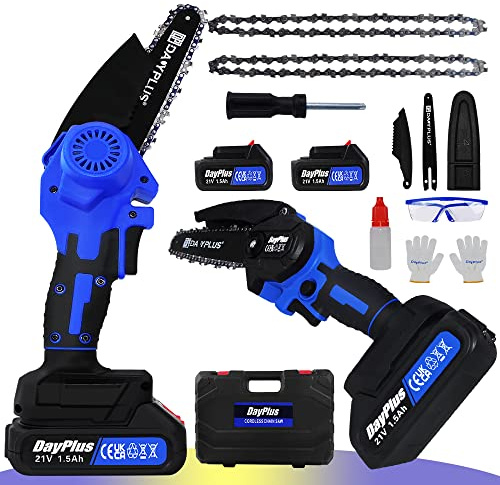 Mini tronçonneuse électrique à batterie de 6 pouces 2200 tr/min avec 2 chaînes, mini tronçonneuse avec batterie avec 2 piles et chargeur, 21 V Mini tronçonneuse à une main pour arbre de jardin, arbres