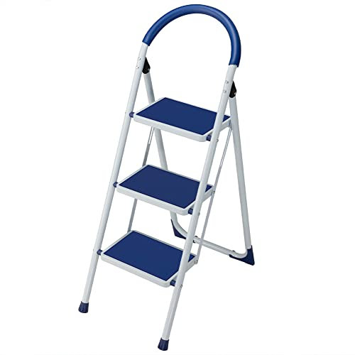 Bakaji Escalera plegable para ahorrar espacio con escalones antideslizantes y asa de seguridad, taburete escalera, estructura acero y revestimiento de goma, capacidad máx 150 kg (3 peldaños azules)