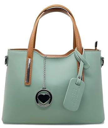 Chicca Borse Borsa a Mano Elegante Donna in Pelle Made in Italy Taglia Media con Tracolla (Salvia - Cuoio)